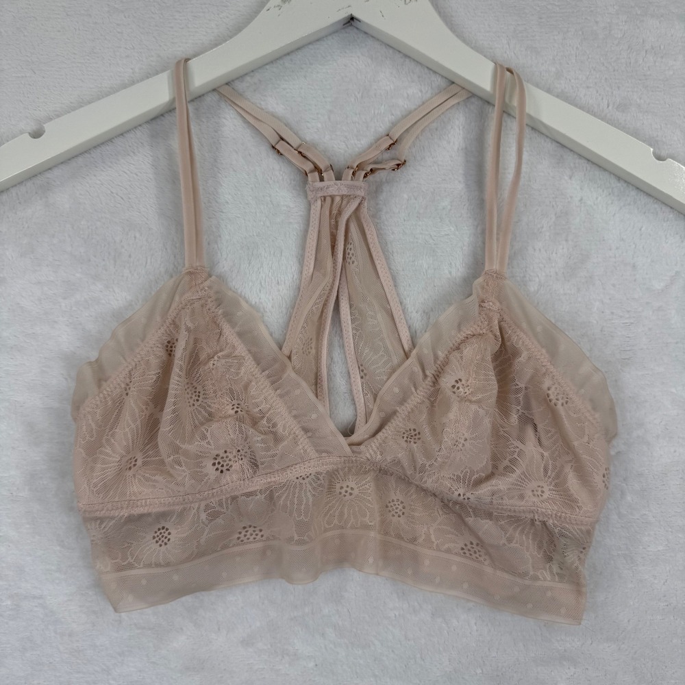 Aerie Women Small Pale Pink Floral Lace Racerback Bralette Adjustable Straps